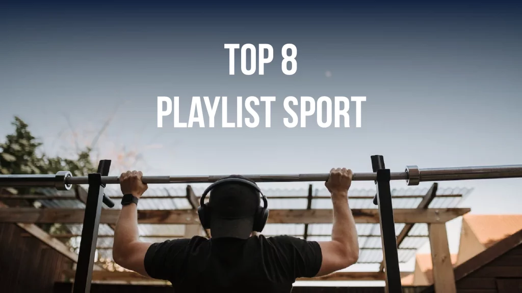 Homme tenant une barre de musculation sur un bench press regardant le ciel. Titre dans le ciel: top 8 playlist sport